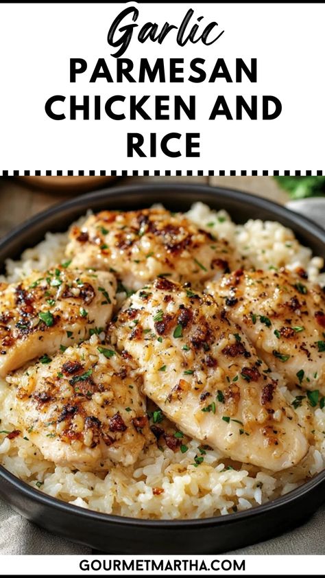 This Garlic Parmesan Chicken and Rice recipe is a flavor-packed, one-pan meal that combines tender chicken, creamy Parmesan, and garlic-infused rice for an effortless dinner. Perfect for busy weeknights, this dish brings comfort and gourmet taste without the hassle of extra dishes. Whip up something special – get the recipe now #onepandinner #garlicparmesanchicken #easychickenrecipes #dinnerinspo #chickenandrice #familydinnerideas #quickmeals #comfortfood #weeknightdinner #parmesanrecipes #... Garlic Parm Chicken And Rice, Creamy Chicken And Rice Skillet, Bww Parmesan Garlic Recipes, Healthy Chicken Rice Recipes, Chicken Breast Rice Recipes, Chicken And White Rice Recipes, Chicken And Rice Recipes Casserole, Healthy Chicken And Rice Recipes, Chicken Breast And Rice Recipes