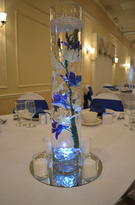 Submersible Led Lights Centerpiece, Wedding Centerpieces Ideas, Classic Blue Wedding, Floating Led Candles, Quinceanera Centerpieces, Blue Wedding Centerpieces, Blue Wedding Decorations, Centerpieces Ideas, Blue Centerpieces