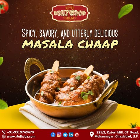 "Indulge in the bold flavors of Masala Chaap at Retro Bollywood Dhaba! 🌶️🍢" Let the succulent and marinated soya chaap pieces, cooked to perfection in a rich masala gravy, take your taste buds on a spicy adventure. #RetroBollywoodDhaba #MasalaChaap #SpicyDelights #BollywoodFlavors #FoodieLife #TasteBudAdventure #BollywoodNostalgia #FoodieMagic #FoodieCommunity #BollywoodFoodCravings #SoyaChaapLove #SpiceUpYourLife Soya Chaap, Retro Bollywood, Food Cravings, Taste Buds, Gravy, Succulent, Quick Saves