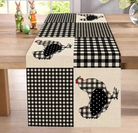 1PC, Table Runner, Farmhouse Animal Chicken Hen Black White Buffalo Plaid Pattern Table Runner, Easter Country Rustic Dining Decoration, Party Decor Paper Plate Lollipops, Chicken Table Runner, 5 Yard Quilts, Chicken Sewing, Chicken Table, Farm Style Table, Animal Chicken, Quilting Ideas Patterns, Table Runners Christmas