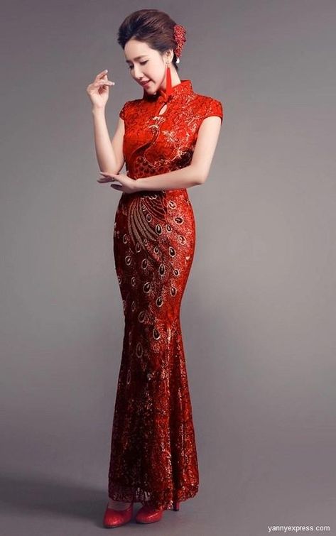 Qi Pao Wedding, Mermaid Gown Wedding, Collars Pattern, Red Chinese Wedding, Red Chinese Wedding Dress, Wedding Dress Floor Length, Wedding Qipao, Qi Pao, Chinese Wedding Dress