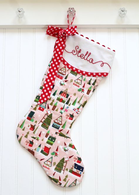 First Christmas Stocking, Pink Stocking, Sew Embroidery, Christmas Stockings Sewing, Hand Embroidered Name, Santa Elves, Stocking Ideas, Personalized Christmas Stocking, Quilted Christmas Stockings