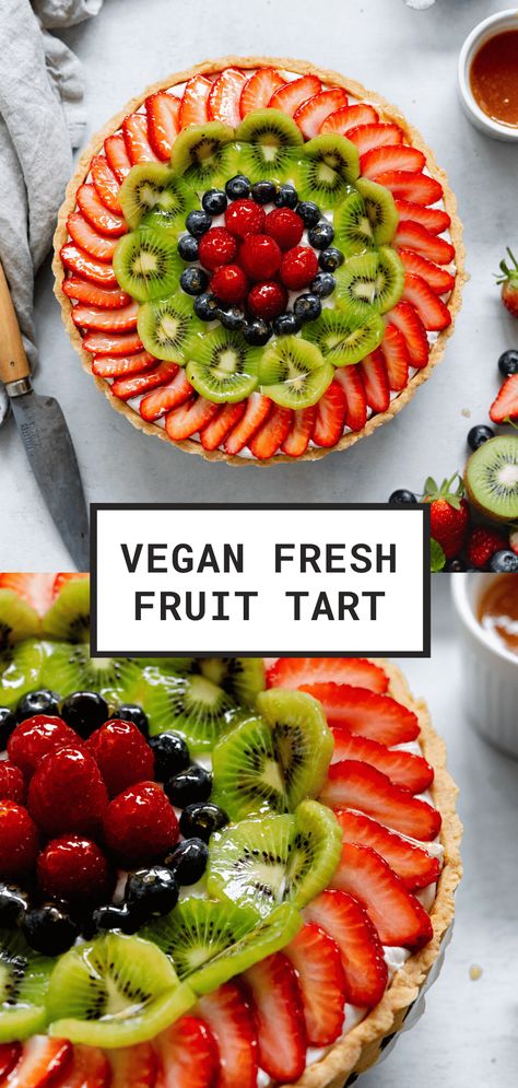 Vegan Fruit Tart Healthy Fruit Tart Recipe, Vegan Fruit Tart, Gluten Free Fruit Tart, French Fruit Tart Recipe, Fruit Custard Tart, Halal Desserts, Fruit Tart Recipe Easy, Fruit Flan, Vegan Bakes