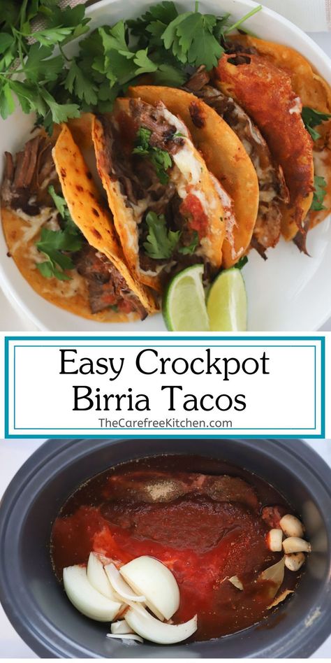 This Easy Birria Tacos recipe uses the slow cooker to make the most rich and savory beef birria. Corn tortillas are dipped into the flavorful chipotle braising broth then stuffed with tender shredded beef and cheese and pan fried. Serve these cheesy quesabirria tacos with fresh pico de gallo, cilantro, and a squeeze of lime. As an added bonus, you can use the braising liquid as a delicious dipping sauce. You’ll quickly realize why this Mexican favorite has taken the internet by storm. Mexican Barrio Tacos, Birria Tacos Crockpot Recipes, Easy Beef Birria Recipe Mexican, Mississippi Birria Tacos, Queso Barrio Tacos, Birria Tacos Easy Recipe, Barilla Tacos Crockpot, Gluten Free Birria Tacos, Simple Birria Recipe