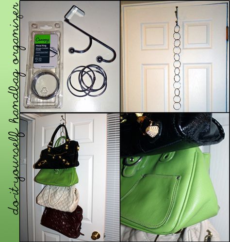 purse storage ideas | IW: 15 Ideas for Organizing Accessories | PerpetuallyDaydreaming Diy Bag Organiser, Organizing Purses In Closet, Curtain Scarf, Diy Purse Organizer, Storage Door, Diy Curtain, Scarf Storage, Small Laundry Room Organization, Purse Storage