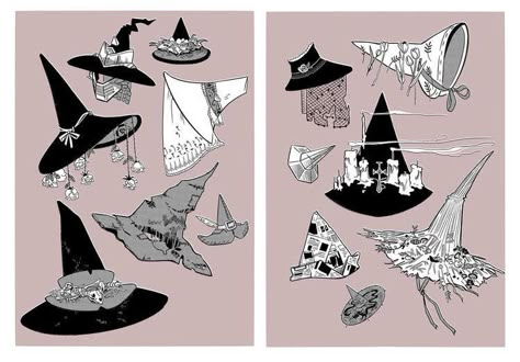 How To Draw Witch Hats, Big Witch Hat Drawing, Witch Hat Reference, Witch Hat Drawing Reference, Witch Clothes Drawing, Witches Hat Drawing, Witches Hat Doodle, Witch Hat Art, Witch Hat Illustration