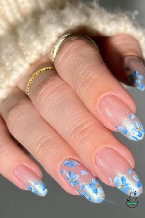 Breezy Blooms Dusty Blue Floral Nails, Light Blue Flower Nails, Blue Shimmer Nails, Blue Bridal Nails, Blue Flower Nail Art, Cornflower Blue Nails, Bloom Nails, Blue Flower Nails, Light Blue Nail Designs