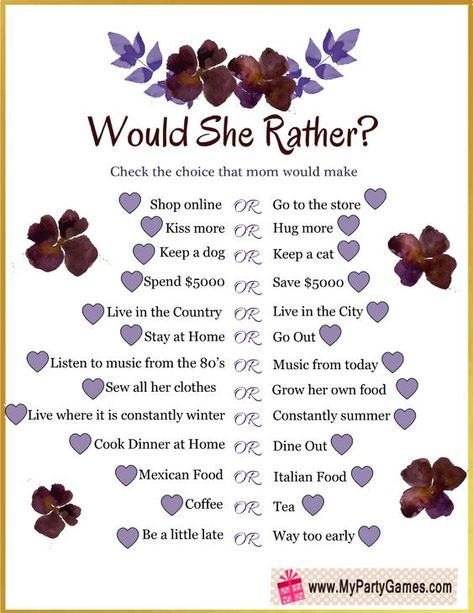 Mothers Day Would You Rather, Free Mother's Day Games, Mother Daughter Games Parties, Mother Daughter Dinner Ideas, Mother’s Day Games With Kids, Mothers Day Things To Do, Mother’s Day Party Activities, Mothers Day Activities For Seniors, Mother's Day Brunch Activities