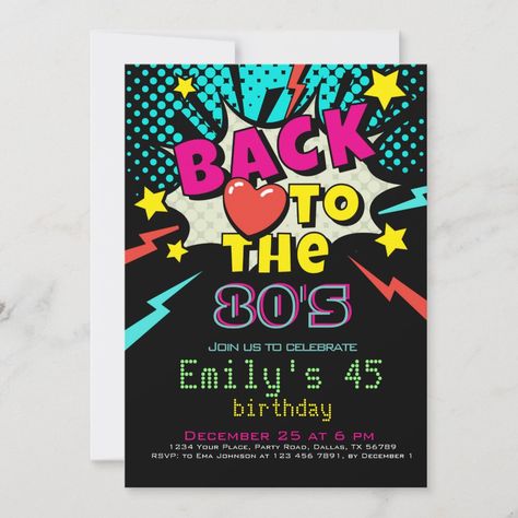 Back to 80’s, Birthday Party Invitation Neon Birthday Invitations, Birthday Party Neon, Birthday Invitations Templates, Retro Birthday Party, 80th Birthday Invitations, Party Neon, Neon Birthday, 45th Birthday, Hawaii Party