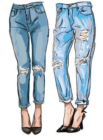 Fashion Design Software, Blue Boyfriend Jeans, Jeans Drawing, Stitch Jeans, Jeans With Holes, Jeans Ideas, Club Fashion, Design Jeans, Fashion Design Sketch