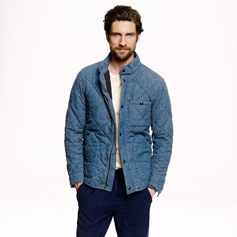 Broadmoor quilted jacket in Japanese chambray Chambray Quilt, Chambray Jacket, Long Coat Men, Mens Wool Coats, Urban Contemporary, Gifting Ideas, Mens Winter Coat, Quilt Jacket, Standing Collar