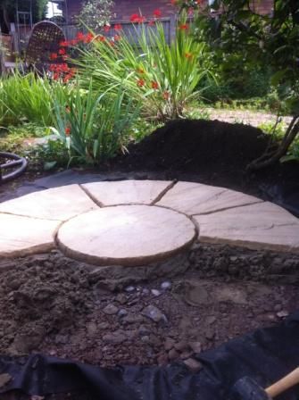 Circular Sitting Area, Diy Round Patio, Circle Patio Ideas, Circle Around Tree, Round Patio Ideas, Circular Pergola, Round Pavers, Patio Extension Ideas, Laying A Patio