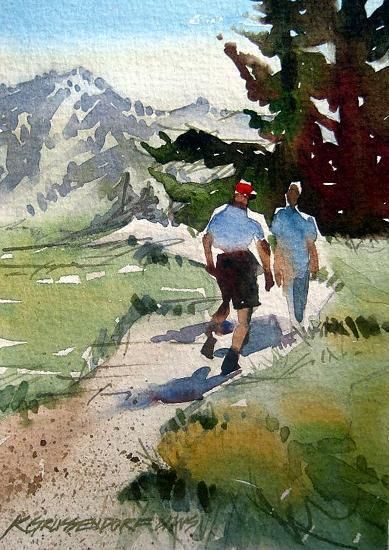 Hike 1 by Kristi Grussendorf Watercolor ~ 7 x 5 Wc Ideas, Awesome Paintings, Sketch Note, Acrylic Painting Lessons, Painting People, Watercolor Mountains, Watercolor Sketchbook, Watercolor Painting Techniques, Watercolor Portrait