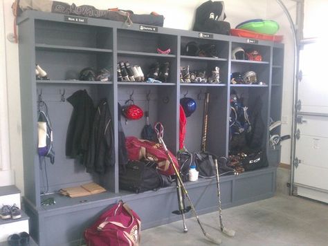 Maybe having mud room lockers in the mud room AND the garage is a good idea... the one in the garage can be for all that sports equipment, dirty cleats, etc. Hockey Gear Storage, Garage Lockers, Sports Equipment Storage, Sports Locker, Sports Storage, Hockey Room, Locker Organization, Storage Lockers, Mudroom Lockers