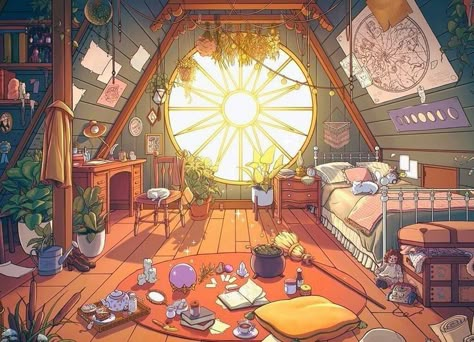 Room Illustration Bedroom, Fantasy Dorm Room Concept Art, Cute Room Drawing, Dnd Bedroom, Cozy Room Drawing, Bedroom Concept Art, Bedroom Reference, Aesthetic Lofi Art, Casa Fantasy