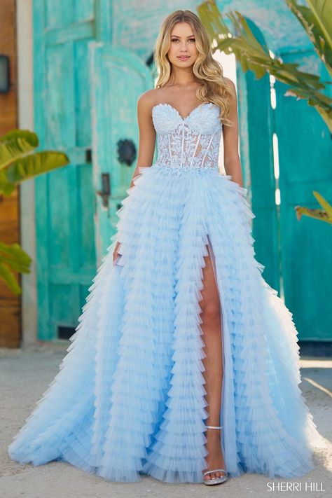 Sites-SherriHill-Site Leaf Corset, Corset Prom Dress, A Line Prom Dress, Strapless Prom Dress, Lace Evening Gowns, Princess Sleeves, Lace Ball Gowns, Corset Dress Prom, Ruffle Fabric