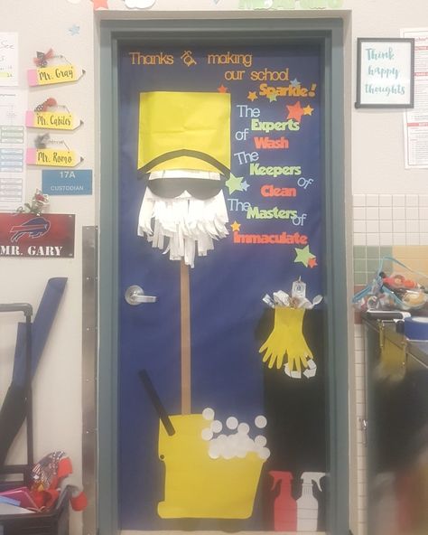 Custodian Bulletin Board, Custodian Appreciation Door Decorations, Custodian Door Decoration Decorating Ideas, Custodian Day Poster, Custodial Staff Appreciation Ideas, Speech Teacher Appreciation Door, Custodians Day Ideas, Custodian Gift Ideas, School Janitor Appreciation Gifts