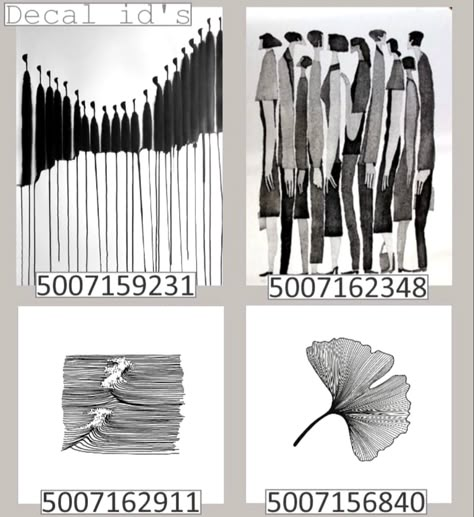 Bloxburg Art Decal Codes, Black And White Decal Codes, Bloxburg Decals Codes Black And White, Bloxburg Black And White Decals, Black And White Bloxburg Decal Codes, Welcome Decal Bloxburg, Roblox Painting, Wallpaper Decals Bloxburg, Bloxburg Painting