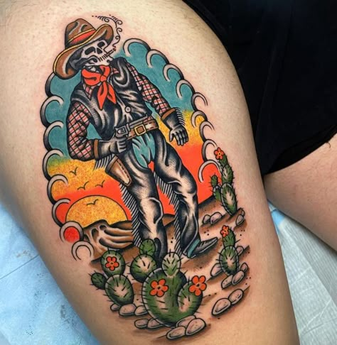 Done by @bobthetattooer 🔥 . . . . . #traditionaltattoo #boldwillhold #tattoolove #tattooinspiration #classictattoo #oldschooltattoo… | Instagram Mexican Western Tattoo, Old School Tattoo Cowboy, Cowboy Art Tattoo, Western Filigree Tattoo, Traditional Soldier Tattoo, Trad Cowboy Tattoo, American Traditional Western Tattoo, Texas Tattoo For Men, American Traditional Cowboy Tattoo