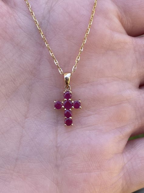 Gold Necklace With Gemstone Cross Pendant, Red Cross Pendant Necklace Gift, Yellow Gold Ruby Pendant Jewelry, Red Spiritual Cross Pendant Jewelry, Ruby Cross Pendant, Halo Diamond Ring Round, Stackable Diamond Bands, Stackable Necklaces, Round Diamonds Wedding Band