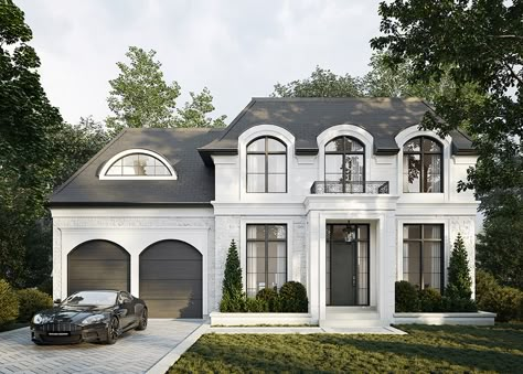 Ulster | Sakora Design Luxury House Black, Architectural Composition, Colonial Chic, French Country Exterior, Paris House, White Exterior Houses, French Villa, Sims Furniture, Exterior Houses