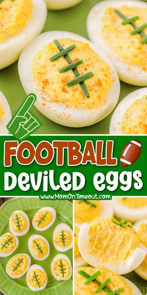 Game Day Deviled Eggs, Deviled Eggs Superbowl, Superbowl Deviled Eggs, Deviled Eggs Football, Football Deviled Eggs Super Bowl, Super Bowl Deviled Eggs, Best Football Snacks, Deviled Eggs Recipe Best Easy, Mom On Timeout Recipes