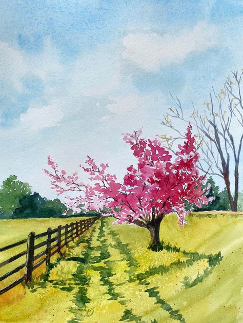 Spring Pictures Drawing, Spring Watercolour Painting, Spring Tree Drawing, Spring Watercolor Painting Easy, Spring Season Painting, Spring Season Drawing, April Watercolor, Painting Easy Watercolor, Spring Tree Art