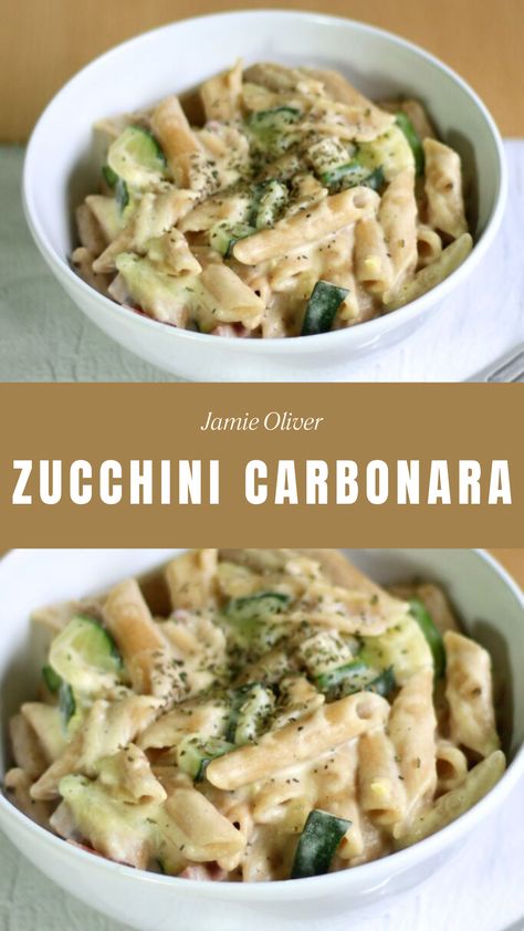 Jamie Oliver Zucchini Carbonara Jamie Oliver 15 Minute Meals, Zucchini Carbonara, Jamie Oliver Recipes, Carbonara Pasta, 15 Minute Meals, Flavored Bacon, Fresh Thyme, Jamie Oliver, Crispy Bacon