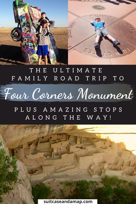 A road trip to Four Corners will give you the opportunity to be in four states at once! Four Corners Monument meets at the corners of Colorado, Utah, Arizona and New Mexico and the road trip to Four Corners offers a TON of fun stops along the way. We have a full itinerary and interactive map to make sure you have the best family road trip ever! #roadtrip #fourcornersroadtrip #fourcornersmonument #americansouthwest 4 Corners Road Trip, Four Corners Monument, Travel Bucket List Usa, Us Road Trip, Usa Travel Guide, Family Road Trips, American Travel, Family Travel Destinations, Four Corners