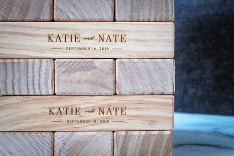 Personalized Engraved Giant Jenga Block Tower Game Set -- Makes the Perfect Wedding Gift! Big Book Storage, Yard Jenga, Wedding Jenga, Jenga Game, Giant Jenga, Lake Names, Jenga Blocks, Tower Games, Garden Tool Storage