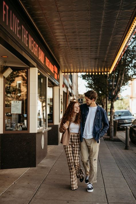 Urban couples photo session in Downtown Franklin, Tennessee. Couples Posing Ideas, Engagement Photo Outfit Ideas, Poses for couples, couples photoshoot. Unique engagement photos Couple Outfit Poses, Downtown Franklin Tn Photoshoot, Street Wear Couple Photoshoot, Unique Couples Photoshoot Poses, Downtown City Couples Photoshoot, Couples Photoshoot Poses City, Main Street Engagement Photos, Urban Engagement Photoshoot, Family Downtown Photoshoot