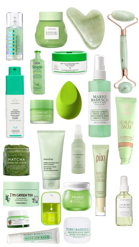 Green skincare! #green #beauty #skincare #preppy Green Skincare Products, Sage Green Skincare, Green Skincare Aesthetic, Debut Makeup, Green Skin Care, Rainbow Skincare, Green Beauty Products, Skincare Preppy, Green Tea Scrub