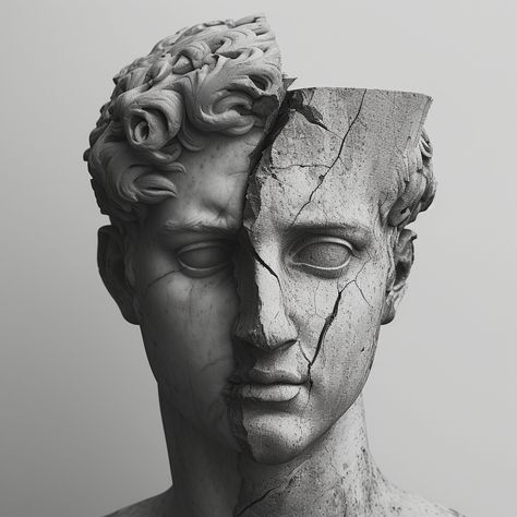 Midjourney Feed Greek Sculpture Black And White, Ancient Sculpture Greece, Cracked Statue Tattoo, Black And White Portraits Men, Greek Sculpture Aesthetic, Cracked Statue, Greek Statues Aesthetic, Black And White Sculpture, Greece Statue