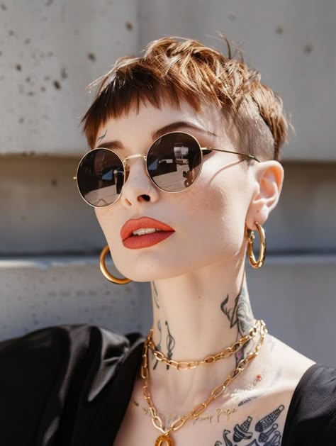 Explore Pixie Haircut Trends for 2024 Pixie With Fade, Early 2000s Pixie Haircut, Short Hair For Summer 2024, Blonde Micro Pixie, Bald Woman Fashion, Styles For Pixie Haircut, Celebrities With Pixie Haircut, Women Buzzed Haircut, Experimental Haircut