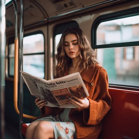 Young girl reading newspaper in the tram. Morning sun. Girl Reading Newspaper, Reading In Cafe, Woman Reading Newspaper, Book Illustration Design, Keep Writing, Reading Newspaper, Women Reading, Woman Reading, Paintings I Love