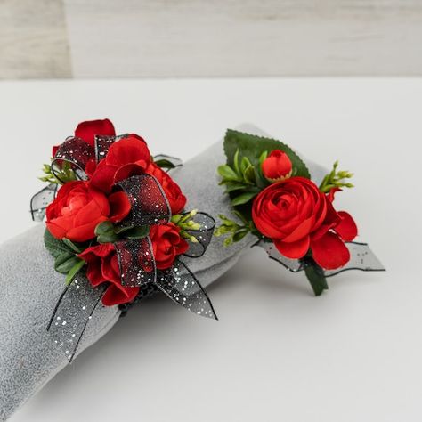 Red And Silver Corsage And Boutonniere, Prom Bracelet Corsage, Red Corsage And Boutonniere Prom, Red And Black Corsage And Boutonniere, Red Rose Corsage And Boutonniere, Prom Flowers For Red Dress, Corsage Prom Red, Corsage For Red Dress, Corsage For Black Dress