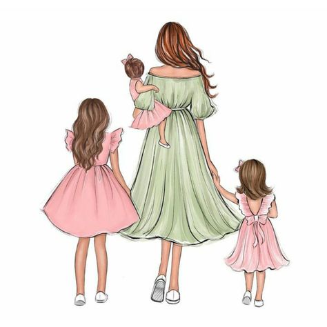 lalanaarts instagram Mother And 3 Daughters Art, Mom And Two Daughters Drawing, Mother And Child Drawing, Mother And Daughter Drawing, Poodle Drawing, Mother Daughter Art, Best Friend Drawings, Baby Art Projects, Art Prints Boho