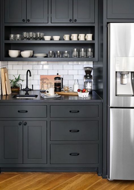 These Restaurant Owners Brought Modern Design to a 1916 Home Charcoal Kitchen, Dark Grey Kitchen, Kitchen Cupboard Designs, Gray Cabinets, Grey Kitchen Cabinets, Kitchen Cabinet Colors, Grey Cabinets, Black Cabinets, Kitchen Redo