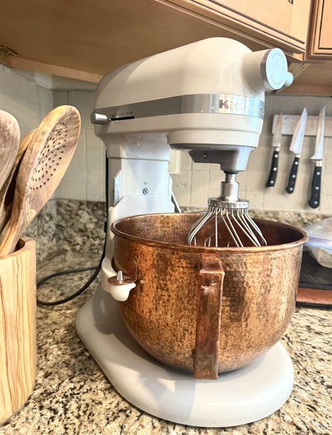 This 100% Copper Kitchenaid Bowl is one of the best purchases I have made for my copper filled kitchen! It's beautiful, functional and should last a lifetime!   #copper #copperkitchen #kitchenaid #kitcheninspo Copper Kitchenaid, Kitchenaid Bowl, Marble Accessories, Copper Bowl, Copper Pots, Copper Kitchen, Soap Holder, Wooden Spoons, Cooking Kitchen