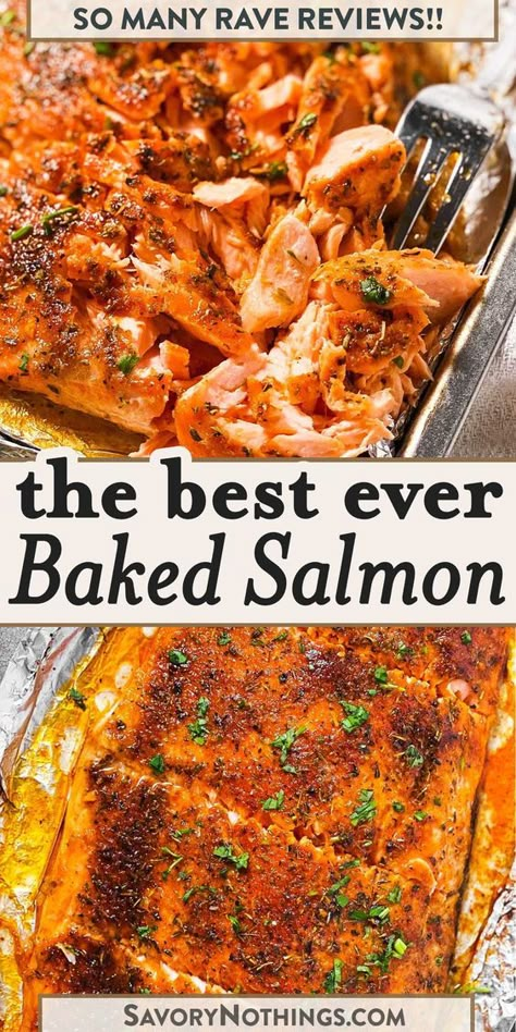 This Oven Baked Salmon is brushed with garlic butter, then sprinkled with a delicious brown sugar spice mix for the perfectly baked, flavorful salmon fillet. This is hands-down the best and easiest way to prepare salmon fillet for dinner! | #fishrecipes #salmon #dinnerrecipes Baked Salmon Easy Recipe, Baking Salmon Filets In Oven, Broiling Salmon In Oven, Skin On Salmon Fillet Recipes, Salmon Loin Recipes, Baked Fish Recipes Oven Salmon, Frozen Salmon Fillet Recipes Baked, Salmon Recipes Baked From Frozen, Frozen Salmon Recipes Baked In Foil