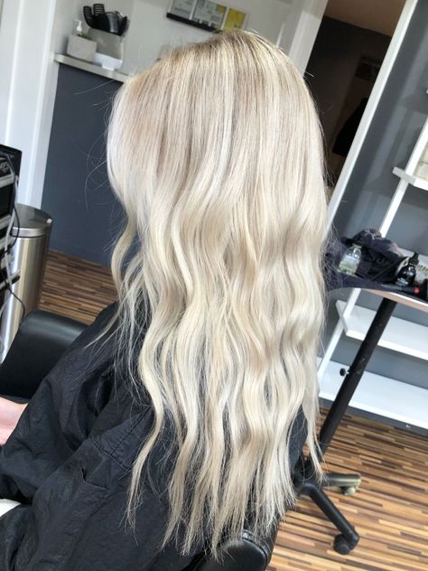 Icy Full Highlights, Heavy Blonde Highlights On Blonde Hair, White Sand Hair Color, Blonde Hair Inspired, Full Highlight, Bright Creamy Blonde Hair, All Over Blonde Hair Color, Pearl Blonde Hair, Hair Blond