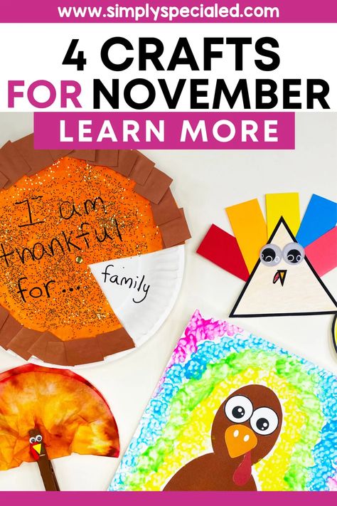 Creating crafts in my special education classroom is one of my favorite independent stations. These visual crafts for kids are easy for my special ed students to complete without much guidance and they love feeling independent. Today, I’m sharing 4 adapted Thanksgiving crafts for kids. I provide step-by-step directions for Q-Tip Turkey, Shape Turkey, Coffee Filter Turkey, and a Paper Plate Pumpkin Pie craft. These Thanksgiving crafts for special education students will be a huge hit. Thanksgiving After School Activities, Fall Craftivity Kindergarten, Thankful Craft For Preschool, Thanksgiving Lessons For First Grade, November Pre K Crafts, Kindergarten November Crafts, Thanksgiving Fall Crafts, November Activities For Kids Elementary, November Elementary Activities