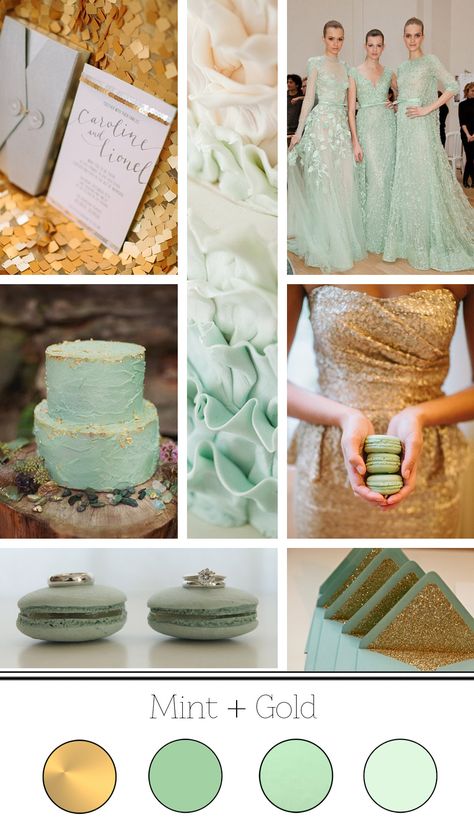 Mint Green And Gold Wedding, Mint Gold Weddings, Green And Gold Wedding, Spring Shoot, Mint Bridesmaid, Mint Bridesmaid Dresses, Wedding Color Scheme, Wedding Mint Green, Colour Pallets