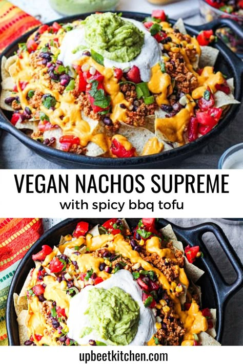 These vegan nachos supreme make the ultimate snack for NHL playoffs! Spicy barbecue tofu, sweet potato cheese sauce, black bean salsa, cashew sour cream, and guacamole are layered atop tortilla chips in this incredible vegan nachos recipe! #vegannachossupreme  #veganpartysnacks Vegan Nachos Recipe, Tofu Nachos, Potato Cheese Sauce, Tofu Sweet Potato, Lent 2024, Sweet Potato Cheese, Vegan Fajitas, Nachos Supreme, Vegetarian Nachos