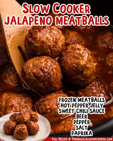 Slow Cooker Jalapeno Meatballs Jam Meatballs, Spicy Meatballs Crockpot, Jalapeno Meatballs, Can Of Beer, Crockpot Meatballs, Magical Slow Cooker, Meatball Recipes Crockpot, Slow Cooker Appetizers, Slow Cooker Salisbury Steak