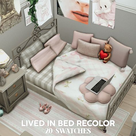 LIVED IN BED - RECOLOR ౨ৎ ⋆｡˚ I feel like I can rarely find bed recolors that I like and in this style, so I made some! recolor of @awingedllama bedding with 20 swatches :) download (mesh included) Sims 4 Cc Floor Clutter, Sims 4 Couch Bed Cc, Ts4 Cc Cute Furniture, Ts4 Pc Cc, Sims Leg Warmers Cc, Outside Cc Sims 4, Sims 4 Furniture Recolor, Ts4 Cottage Living Cc, Sims 4 Cute Bedroom