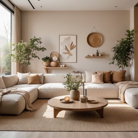 Japandi Coastal Living Room, Natural Minimalist Home Living Room, Clean Earthy Aesthetic, Wasabi Interior Design, Home Decor Ideas Small Spaces, Symmetry Interior Design, Boheme Living Room, Japandi Loft, Organic Apartment