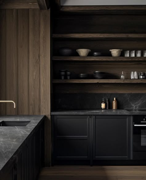 Dreamy Kitchens, Moody Kitchen, Walnut Kitchen, Black Kitchen Cabinets, Brown Kitchens, Classic Kitchen, Black Cabinets, Black Kitchens, Kitchen Inspo