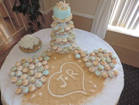 Jessica Dmyterko did a wonderful job on the cake and display table. She wrote the bride and groom's initials in the "sand" (brown sugar) and the cupcakes were decorated beautifully. Wedding Cake Table Decorations, Beach Theme Wedding Cakes, Beach Themed Cakes, Beach Wedding Decorations Reception, Beach Bridal Showers, Beach Cakes, Beach Wedding Cake, Cake Table Decorations, Wedding Cake Table