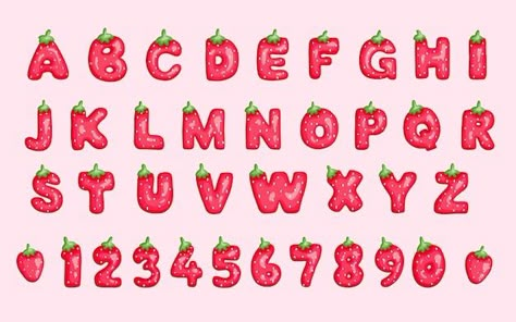 Vector cute strawberry letter font alpha... | Premium Vector #Freepik #vector #strawberry-logo #lettering-alphabet #typography-logo #logo-type Strawberry Alphabet, Strawberry Font, Strawberry Letters, Strawberry Logo, Capcut Editing, Bat Mitzvah Logo, Alphabet Typography, Summer Font, Different Alphabets